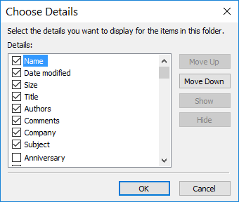 File Explorer columns to display