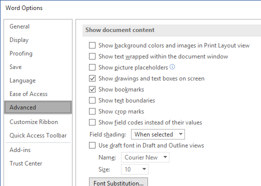 use Options to set how fields appear in Word documents