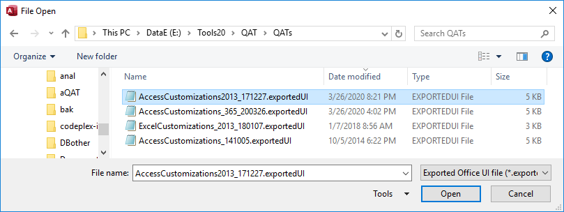 Browse to QAT customization file