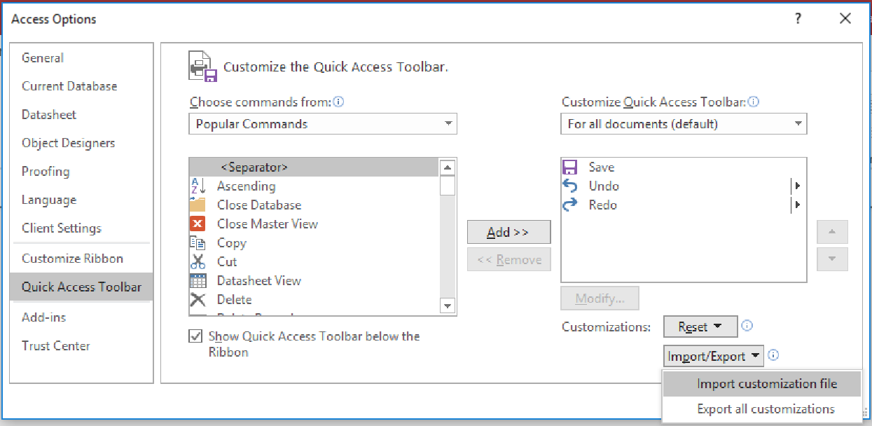 menu to import customization file for QAT