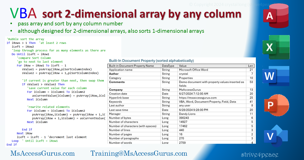 use VBA to Sort 2-Dimensional Array by any column using VBA