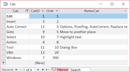 Datasheet View of the Catz table