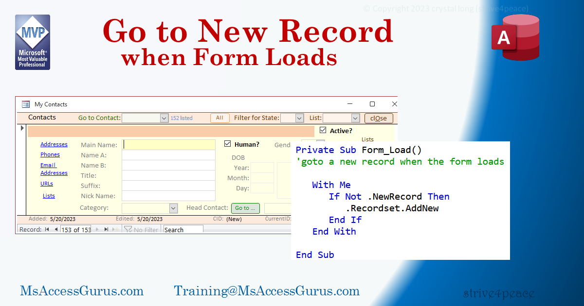 use VBA to go to a new record when an Access form loads