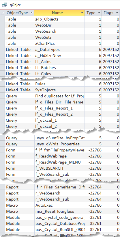 image of example running query to list object types and names