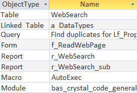 object types and names in Access database