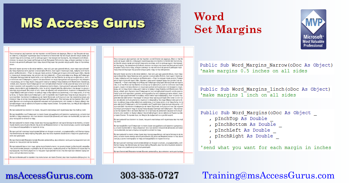 various margin settings for a Word document, set using VBA