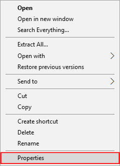 File Explorer shortcut menu showing Properties at bottom