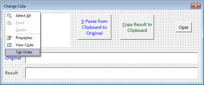 { image: Right-click the canvas to set the Tab Order for a UserForm }