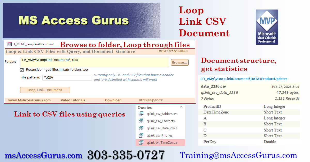 Loop through folders, Link to CSV files using queries, Document structure and get statistics
