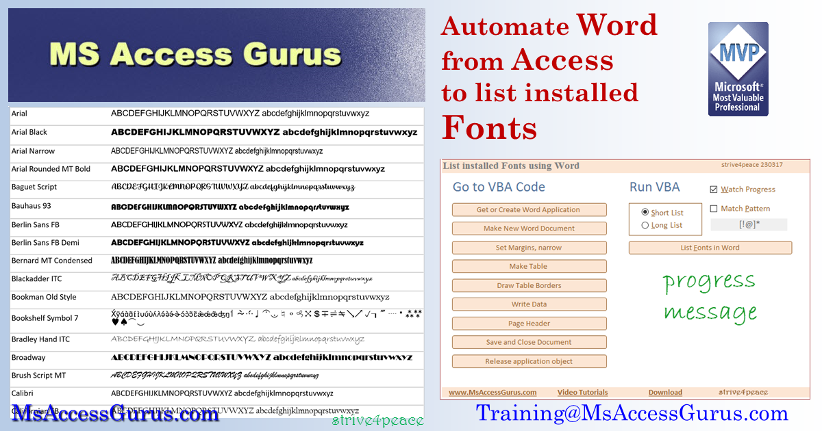 Use Access to list all the installed Fonts and what each one looks like in a Word document